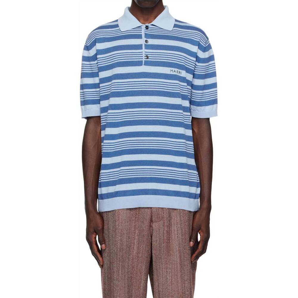 NEW MARNI striped cotton short sleeve knit polo shirt in blue